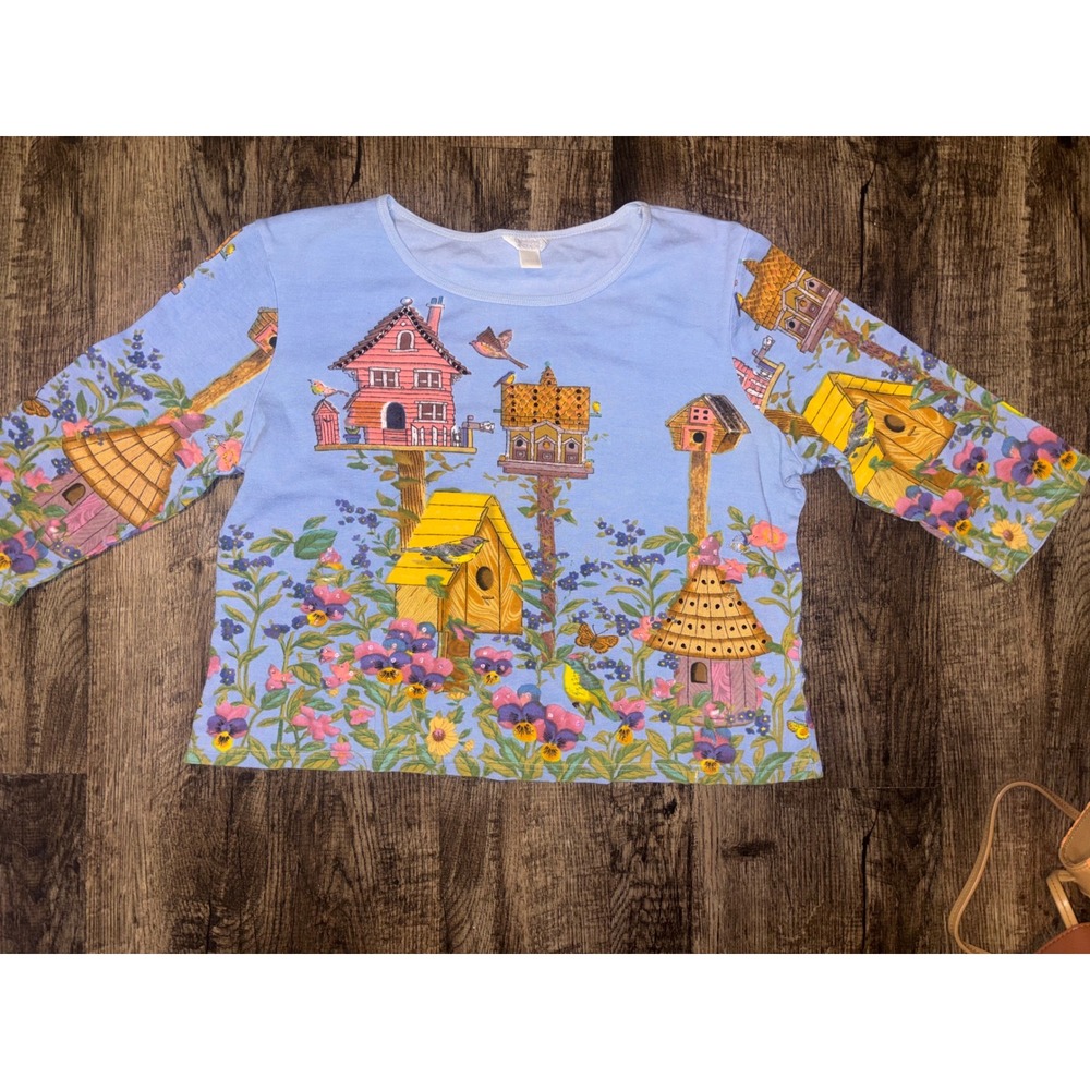 Christopher & Banks Blue Birdhouse Garden Print 3/4 Sleeve Top Women Large